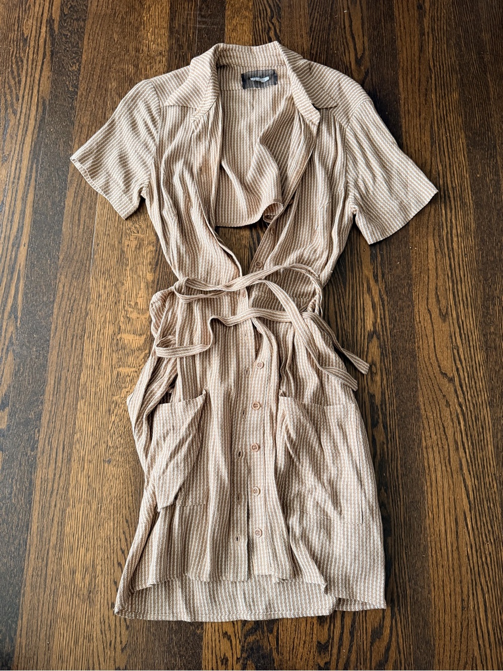 Reformation Striped Ribbed Tie-Waist Dress in Tan and Cream medium